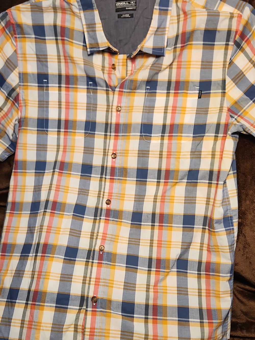 O'Neill Men's Short Sleeve Plaid Button-Down Shirt - Blue, Yellow, White Size XL